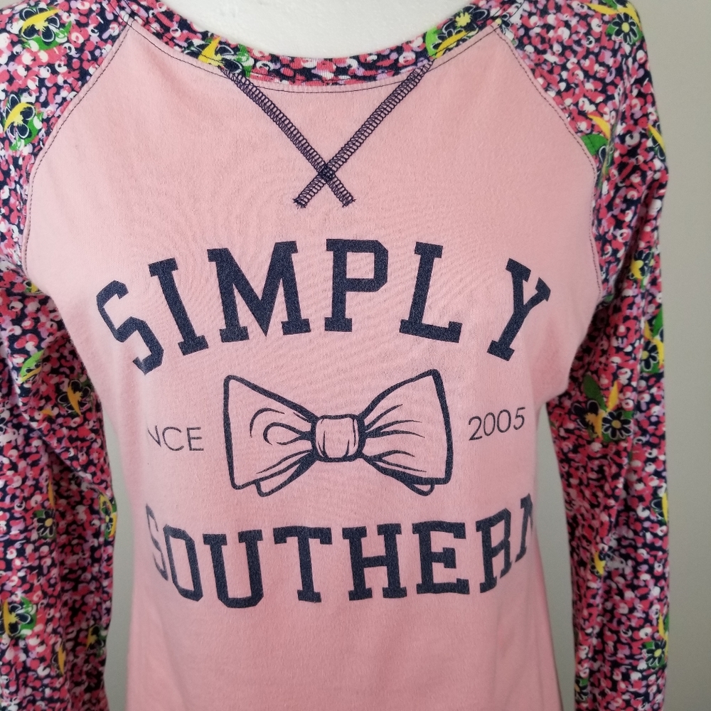 Simply Southern Bow Graphic Floral Raglan Long Sleeve Tee Pink Medium - Picture 2 of 5